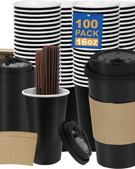 Coolcap 16 oz 100 Pack Coffee Cups with Lids and Sleeves, Straws, Hot Disposable To Go Travel Paper Cups Bulk for Office, Home Coffee Bar Accessories, Chocolate, Cocoa, Beverage (Black)
