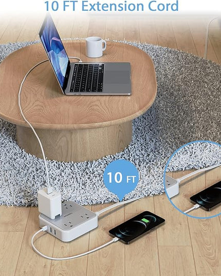 Flat Extension Cord 10 ft, TESSAN Ultra Thin Power Strip Under Carpet with 3 USB Wall Charger(1 USB C Port), 4 Outlets Slim Desk Charging Station Compact for Cruise Ship, Dorm Room Essentials Gray
