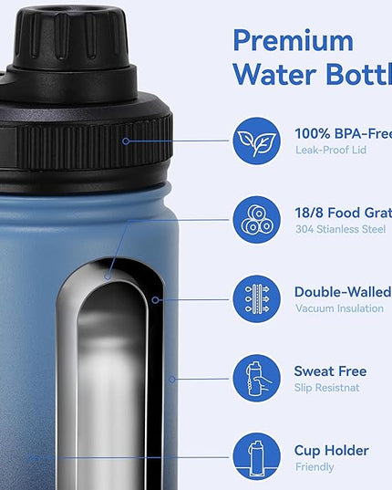DOMICARE 16 oz Kids Water Bottle for School Stainless Steel Double Wall Vacuum Insulated Water Bottle with Straw lids & Spout Lid, Leakproof BPA Free (Blue/Navy,8)