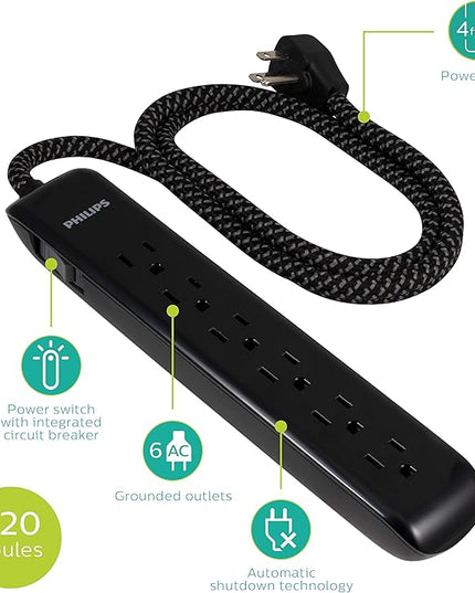 Philips 6 Outlet Surge Protector Power Strip, Designer Braided Power Cord, 4 Ft Power Cord, Flat Plug Extension Cord, Perfect for Office or Home Decor, 720 Joules, ETL Listed, Black, SPC3064BD/37