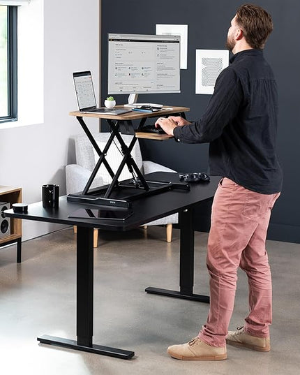 VIVO 32 inch Desk Converter, K Series, Height Adjustable Sit to Stand Riser, Dual Monitor and Laptop Workstation with Wide Keyboard Tray, Reclaimed Wood Top, Black Frame, DESK-V000KP