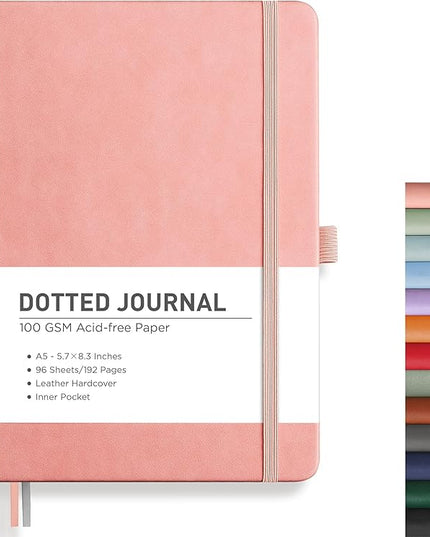 RETTACY Bullet Dotted Journal Notebook, 192 Pages, A5 Medium Size (5.7'' x 8.3''), Leather Hardcover, 100 GSM Thick Paper, for Bullet Journaling, Planning, Tracking (Pink)