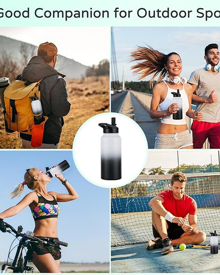 DOMICARE 32 oz Insulated Water Bottle Bulk, Vacuum Insulated Stainless Steel Sports Water Bottle with Straw Lid & Spout Lid, Leakproof, Reusable - Travel, Camping, Bike, Black White Gradient (4 Pack)