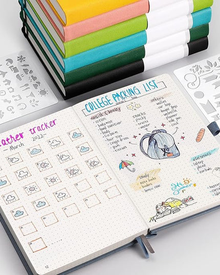 AHGXG Bullet Dotted Journal - 320 Numbered Pages Dot Grid Notebook A5 Thick Journal, 100gsm Thick Dotted Paper, Leather Hardcover,Inner Pocket, 5.75'' × 8.38'' - GrayBlue