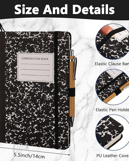 Laumoi 28 Pack PU Leather Lined Notebook Journal Bulk A5 Hardcover Notebook College Ruled 5.5 x 8.2 Inch Journal with Pen Holder for School Business Work Writing(Black,Marble)