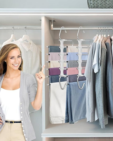 Upgrade 6 Layers Pants Hangers Space Saving, 2Pack Stainless Steel Multifunctional Rack Non Slip S-Type Clothes Jean Hanger Closet Organizer for Jeans Leggings Trousers Skirts Scarf, White