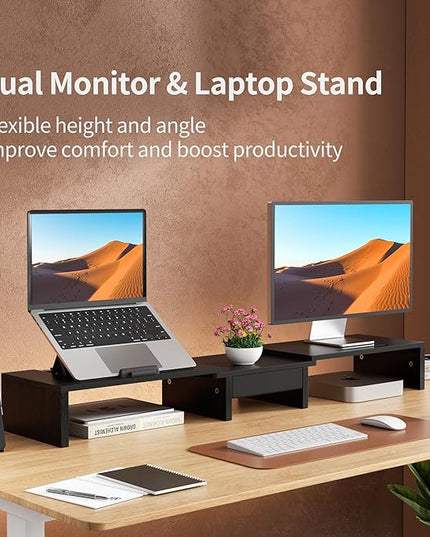 Dual Monitor Stand Riser - Computer Monitor Stand for 2 Monitors，Office Desktop Organizer，Adjustable Length and Angle 3 Shelf with Storage Drawer Phone Holder for Monitors and Laptops-Black