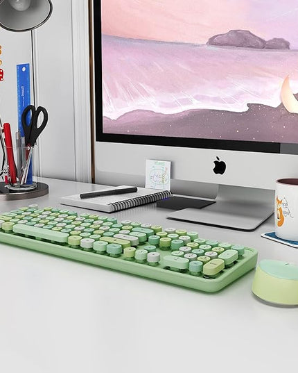 Green Wireless Keyboard and Mouse, KOOTOP Cute Green Colorful Keyboard and Mouse, 2.4G Wireless Keyboard with Retro Round Keycap for PC, Mac, Laptop,Tablet,Computer Windows (Green)