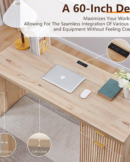 JXQTLINGMU 60" Modern Executive Desk with Storage, Wood Home Office Desk with Drawer & Cabinet, Fluted Computer Writing Desk for Study, Living Room, Bedroom, Oak