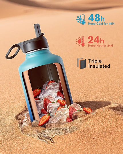 Coolflask Half Gallon Water Bottle Insulated with Straw & 3 Lids, 64 oz Water Jug Large Metal Stainless Steel Wide Mouth for Sports, Gym or Office, Non-BPA Keep Cold 48H Hot 24H, Indigo Blue