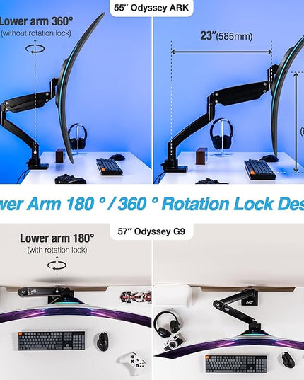 AVLT Single 17"-57" Super Ultrawide Monitor Arm for Screens Up to 59.5 lbs, Premium Aluminum Desk Stand, Adjustable Pneumatic Height, Full Motion Swivel Tilt Rotation, USB-C & USB-A Ports, Black