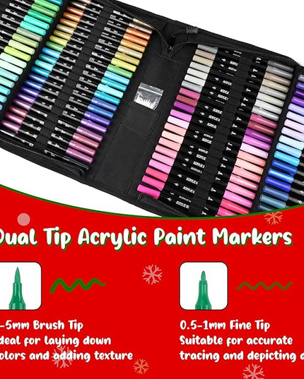 120 Colors Acrylic Paint Markers, Dual Tip Fine and Brush Tips Pens Contain 24 Metallic Color for Stone, Wood, Calligraphy, Canvas, Ceramic, Metal, Glass, Rock Painting, DIY Crafts Art Supplies Kit
