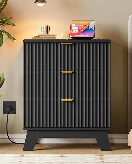 BORNOON 30.5" Nightstand with Charging Station, 3-Drawer Fluted Bedroom Chest, Wood Bedside Dresser with Power Outlets and USB Ports, Metal Slides, Stable Base, Modern Storage Cabinet for Small Spaces