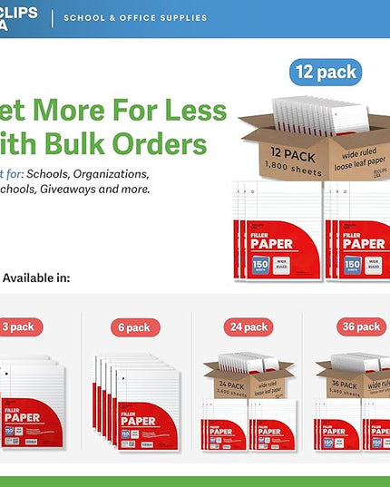 Wide Ruled Loose Leaf Paper Wide Ruled Notebook Paper Lined Writing Filler Paper 10.5” x 8” 56 gsm 1800 Sheets 150 Sheet Per Pack (12 Pack)