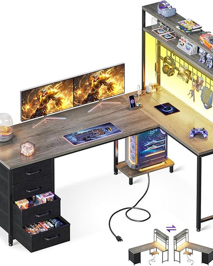 AODK L Shaped Gaming Desk with Hutch, 59" Computer Desk with 4 Drawers & Storage Shelves, Reversible Corner Desk with LED Light & Power Outlets, Gamer Table for for Home Office, Gray Oak