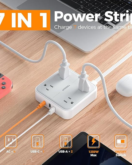 Surge Protector Power Strip, TESSAN Ring Pull Flat Plug Extension Cord 10 Ft with 3 USB (1 USB C) 4 Outlets, 900 Joules Protection, Desktop Charging Station for Home, Office, College, Dorm Room, Gray