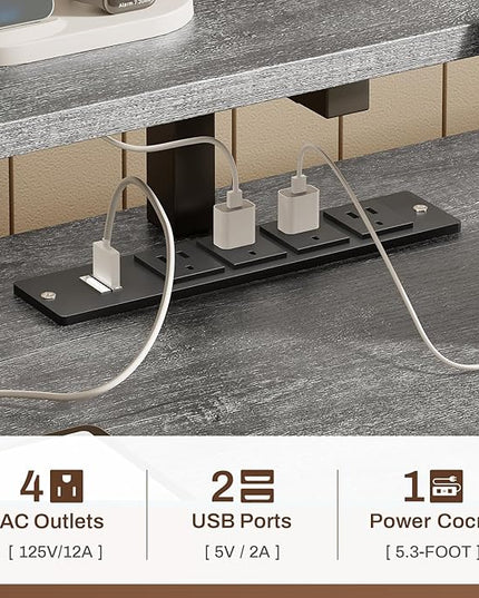 SEDETA Home Office Desk with File Drawer & Power Outlet, 66'' Computer Desk with 5 Drawer, Storage Shelves, Printer Cabinet and Monitor Shelf, Gaming Desk with Led Lights, Grey