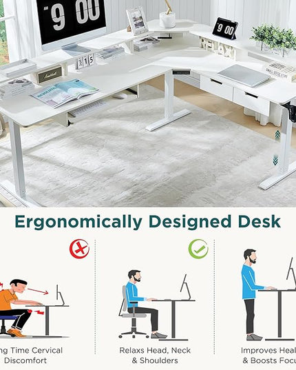 RedLemon 75X60 Inches L Shaped Electric Standing Desk, Height Adjustable Corner Gaming Desk with Drawers, Keyboard Tray, Power Outlets & LED Lights, Computer Desk with Monitor Shelf, Antique White