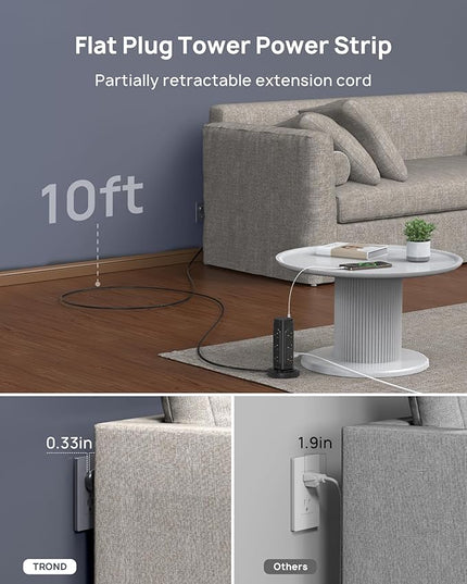 TROND Semi-Retractable Power Strip Tower - Flat Plug Surge Protector Power Strip with USB C PD 20W, 10ft Extension Cord with Multiple Outlets, 1700 Joules, Home Office Dorm Room Essentials, Black