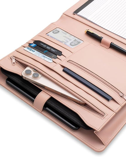 FOREVERMORE PORTFOLIOS Padfolio Binder Organizer for Women | Faux Leather Portfolio Folder for Resume, Documents, Notebook, Tablet and Business Cards | Notepad Included - Pink with Gold Edge