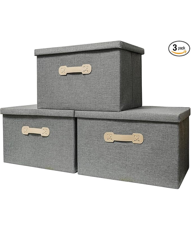 Enzk&Unity Decorative Storage Boxes with Lids, 3 Pack Grey Fabric Storage Bins with Handle, Foldbale and Stackable Storage Boxes for Shelf, Closet, Bedroom, Living Room