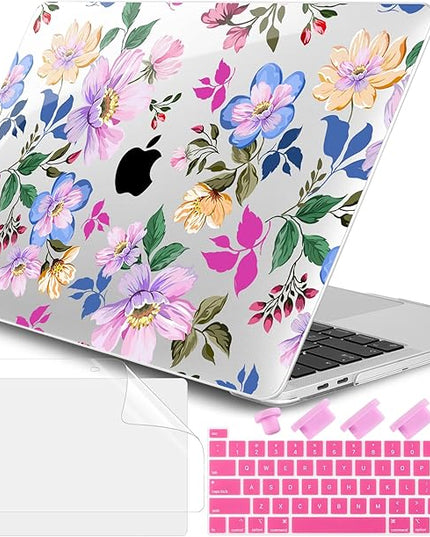 DONGKE Compatible with MacBook Pro 13 inch Case 2024 2023-2020 Release A2338 M2/M1 A2251 A2289 with Retina Display & Touch ID, Plastic Hard Shell & Keyboard Cover & Screen Film - Pink Flowers