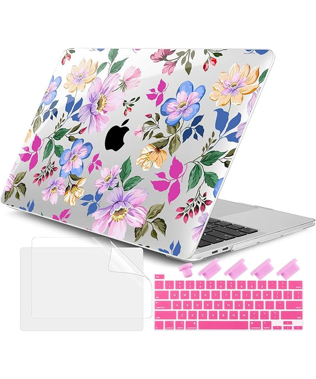 DONGKE Compatible with MacBook Pro 13 inch Case 2024 2023-2020 Release A2338 M2/M1 A2251 A2289 with Retina Display & Touch ID, Plastic Hard Shell & Keyboard Cover & Screen Film - Pink Flowers