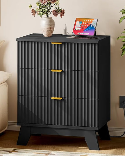 BORNOON 30.5" Nightstand with Charging Station, 3-Drawer Fluted Bedroom Chest, Wood Bedside Dresser with Power Outlets and USB Ports, Metal Slides, Stable Base, Modern Storage Cabinet for Small Spaces