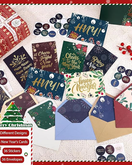 Thboxes New Year Cards with Envelopes, 36 Pack 4x6in Happy New Year Greeting Cards, Gold Foil Happy Holiday Card with Stickers, Christmas Card, 6 Assorted Design