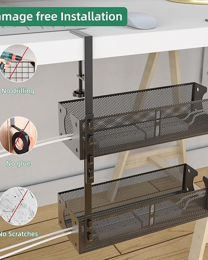Multi-Model Under Desk Cable Management Tray 2 Packs Metal Under Desk Wire Management Clamp Mount Under Table Cord Management No Damage The Desk (Black)