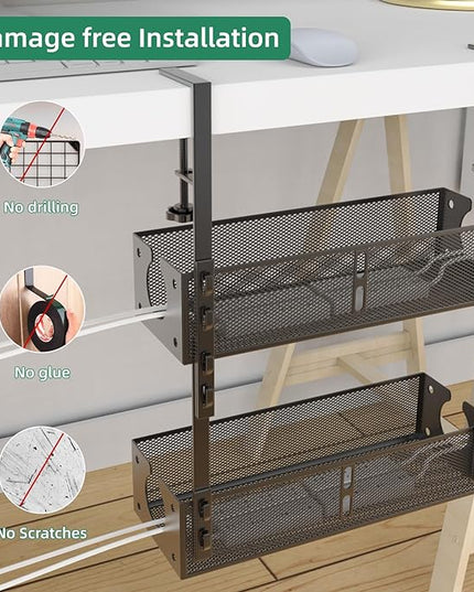 Multi-Model Under Desk Cable Management 2 Pack Metal Under Desk Wire Management Tray Clamp Mount Under Table Cord Management No Damage The Desk
