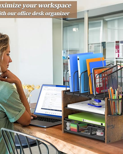 4-Tier Mesh Desk Organizer, Wooden Desk File Organizer with 5 Vertical File Holders and 2 Pen Holders, Desktop Organizers and Accessories with Drawer for Home Office