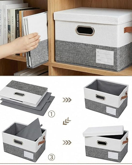 PRANDOM Storage Boxes with Lids [3-Pack] Linen Fabric Foldable Storage Bins Organizer Containers Baskets Cube with Cover for Closet Office Nursery Grey&White（11.4X8.6X6.7
