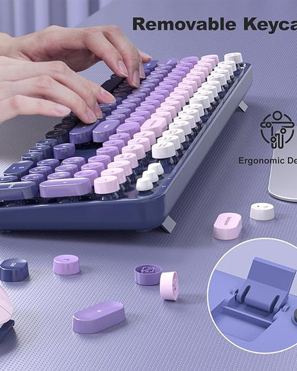 MOFII Wireless Keyboard and Mouse Combo, Full Size 2.4G Plug and Play Typewriter Retro Round Computer Keyboard and Mouse Set for Windows, Computer, Desktop, PC, Notebook - (Purple Gradient)