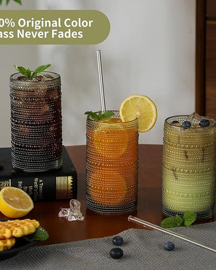 Vintage Hobnail Drinking Glasses Set of 12, 16 oz Large Capacity Embossed Green Tumblers, Highball Glasses for Water, Cocktail, Beer, Whiskey, Kitchen & Bar Use