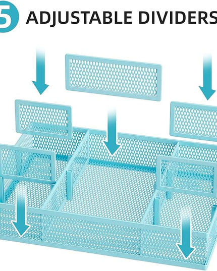 Marbrasse 2 Pack Desk Drawer Organizer, Mesh Drawer Organizer Tray with 8 Adjustable Compartments, Desk Organizers and Accessories, 5 Dividers Drawer for Office Supplies, Makeup & Vanity (Blue)