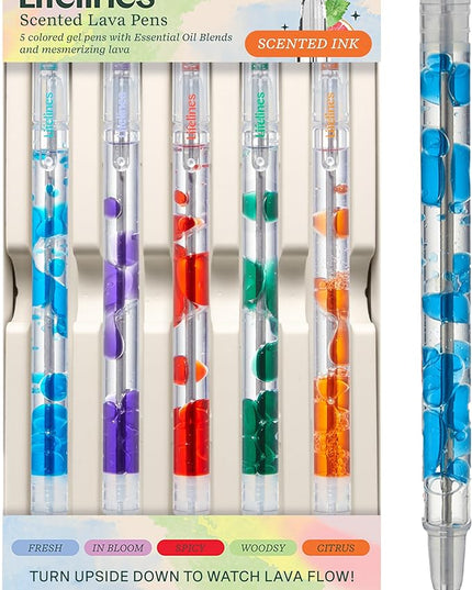 Lifelines Scented Lava Gel Pen Set, 5-Pack (Multi-Color) - 0.5mm Colored Gel Pens Infused with Scented Essential Oil Blends & Mesmerizing Lava - School Supplies for College Kids & Adults