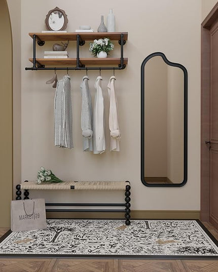 Wall Mounted Clothes Rack 12 Inch Deep, 48 Inch Heavy Duty Garment Rack with Real Brown Wood Shelf, Multi-Purpose Hanging Rod & Space-Saving Closet Storage Organizer