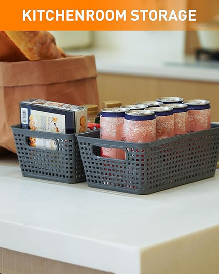 Plastic Storage Baskets With Lid, Storage Bins for Organizing, Stackable Decorative Containers for Shelves Drawers Desktop Closet Playroom Classroom Office,10 Pack-Grey