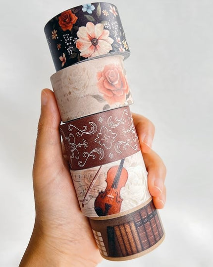 WT Academia Washi Tape Set, 5 Rolls, Original Designs, Vintage Floral Decorative Masking Tape, DIY Crafts, Bullet Journals, Planners, Scrapbooking, Journals Gifts, Adhesive Wrapping Tape, Paper Tape