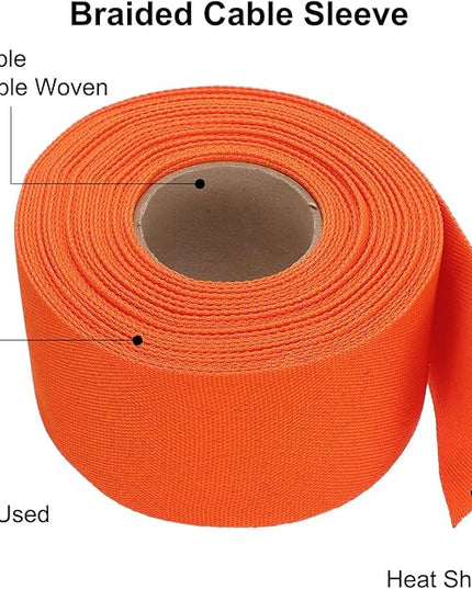 MECCANIXITY Braided Cable Sleeves Heat Shrinkable Fabric Sleeving, 2" 40ft Orange 2:1 Ratio Heat Shrinkable Cord Protector for Harness Cable, Network Cable Protection, Cable Management