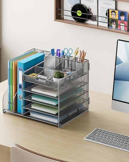 Lavatino 5-Tier Metal Mesh Desk Organizer with 2 File Holders & 7 Customizable Compartments | Paper Letter Tray for Office or Home Desk Storage | Keep Workspace Supplies Neat & Organized, Silver