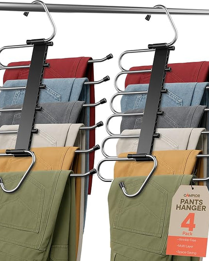 Black Space Saving Pants Hangers 4 Pack, 6 Layer Jeans Hangers and Closet Organizer for Jeans, Scarves, Skirts, Multi-Layer Hanger with Anti-Slip Coating & Stopper, Heavy-Duty S-Type Stainless Steel