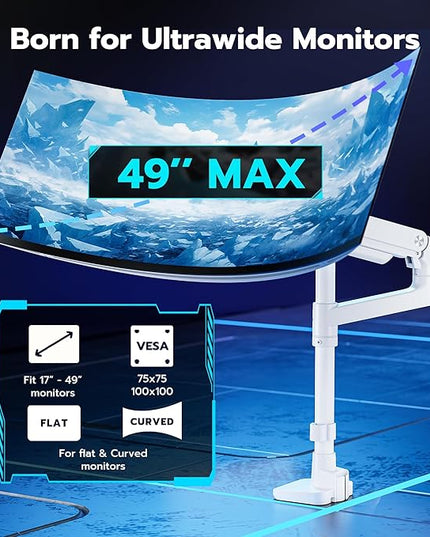 ARES WING Single Monitor Arm Desk Mount for 17-49 Inch Ultrawide Monitors, Heavy Duty Single Monitor Arm Holds 44 lbs, Full Motion Gas Spring Vertical Desk Mount, 75/100 VESA Mount, White