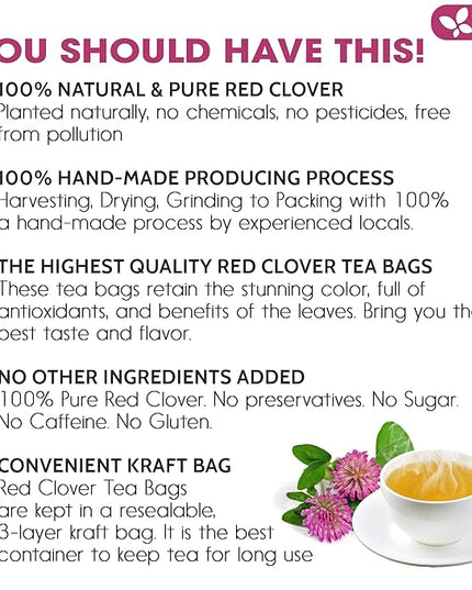 FreshDrinkUS, Premium Red Clover Herbal Tea– 55 Tea Bags – Pure – Naturally Smooth & Mild Flavor – Premium Quality, Eco-Conscious Packaging. Caffeine-Free. Gluten Free. Vegan
