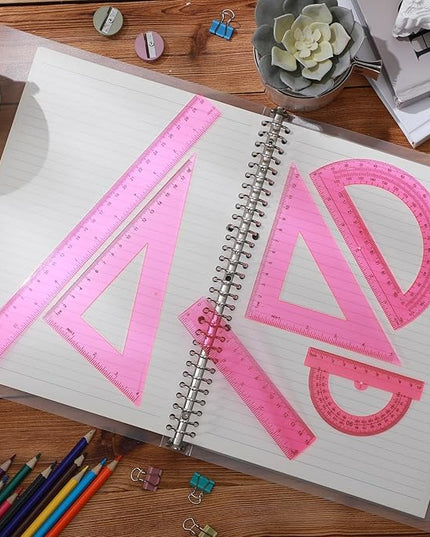 Tenare 6 Pcs Plastic Ruler Math Set Includes 12 Inch 6 Inch Straight Protractor Triangle Geometry Transparent Math Ruler Measuring Tools for School Office Home(Pink)