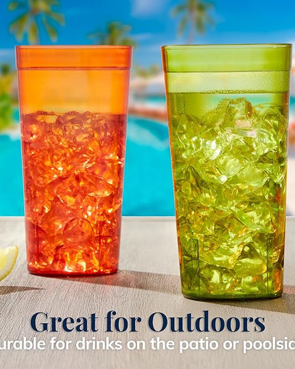 US Acrylic Cafe Plastic Reusable Tumblers (Set of 16) 20-ounce Water Cups Assorted Colors | Restaurant Style Drinking Glasses Value Set, Stackable, BPA-free, Made in the USA | Top-rack Dishwasher Safe