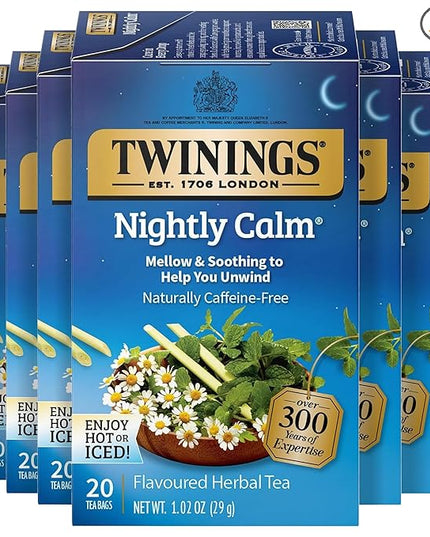 Twinings Nightly Calm Herbal Tea Individually Wrapped Bags, 20 Count (Pack of 6), Spearmint & Lemongrass, Naturally Caffeine-Free, Enjoy Hot or Iced, 120 Teabags