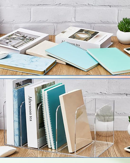 Suzile Clear Acrylic Magazine File Holder with Vertical Compartments Desk Organizer Book Rack for Desk Sorter Paper Folder Office Accessories(Clear,14.2 x 7.2 x 6.5 Inch)