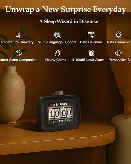 Dekala AuraDot White Noise Sound Machine for Sleep Temperature Humidity Monitor, 30 Non-Loop Soothing Sounds, Timer/Play All Night, Animationed Sleep Screen, 7-Day Programmable 4 Alarm Clock Black